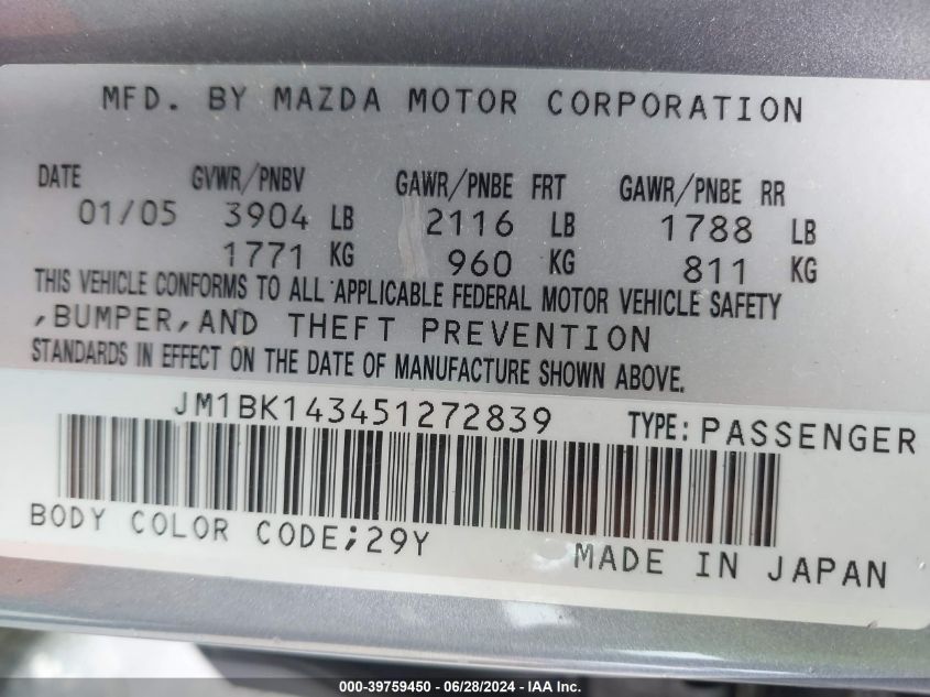 2005 Mazda Mazda3 S VIN: JM1BK143451272839 Lot: 39759450