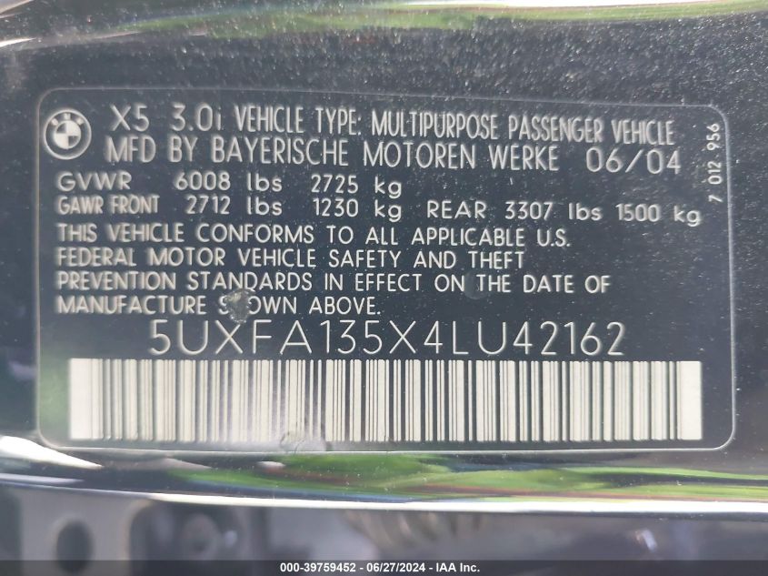 2004 BMW X5 3.0I VIN: 5UXFA135X4LU42162 Lot: 39759452