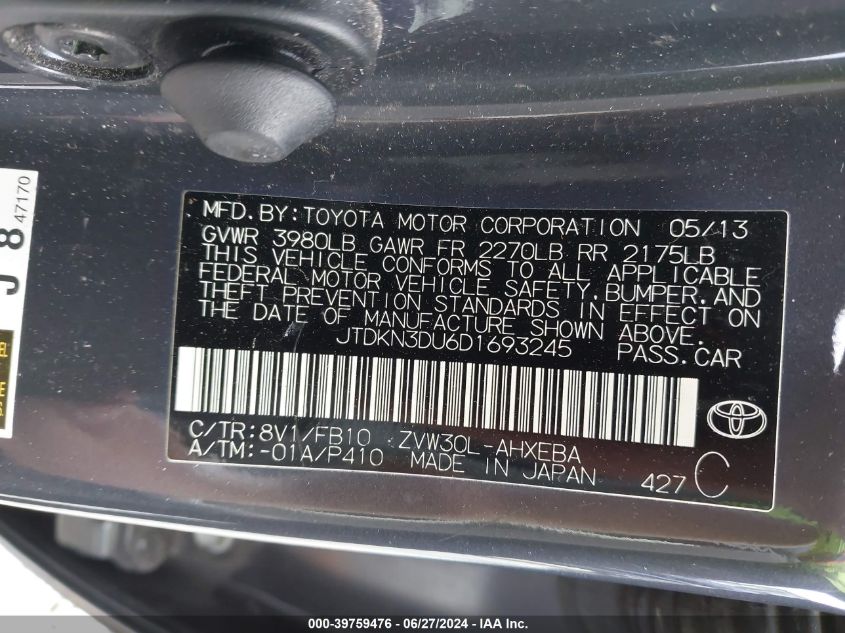 2013 Toyota Prius Two VIN: JTDKN3DU6D1693245 Lot: 39759476