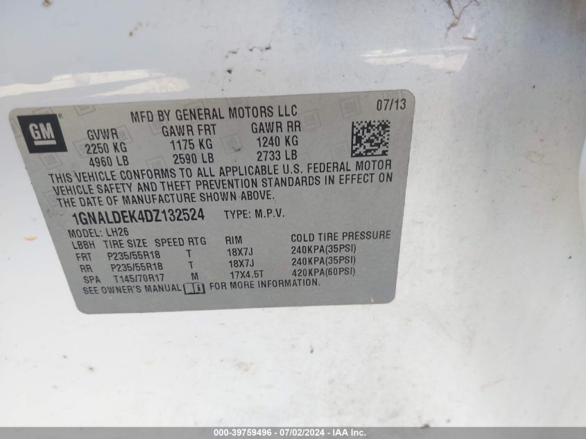 2013 Chevrolet Equinox 1Lt VIN: 1GNALDEK4DZ132524 Lot: 39759496