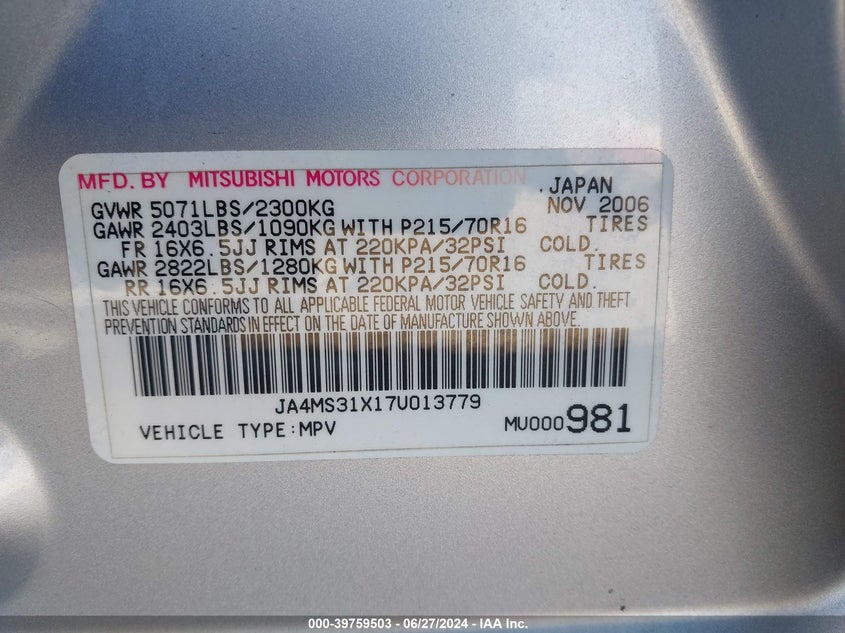 2007 Mitsubishi Outlander Es/Ls VIN: JA4MS31X17U013779 Lot: 39759503