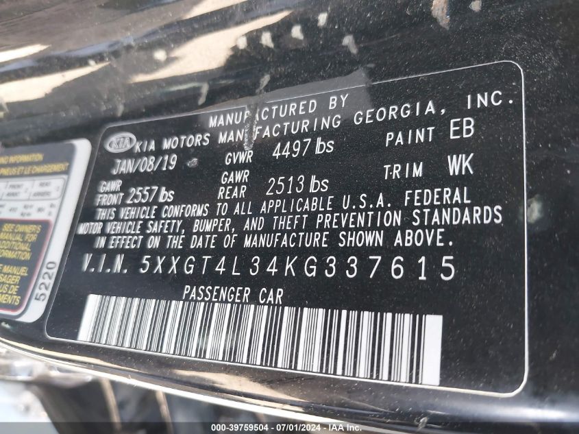 2019 Kia Optima Lx VIN: 5XXGT4L34KG337615 Lot: 39759504