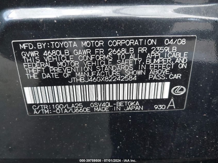 2008 Lexus Es 350 VIN: JTHBJ46GX82242584 Lot: 39759508