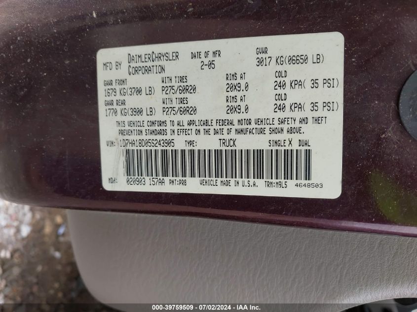2005 Dodge Ram 1500 Slt/Laramie VIN: 1D7HA18D05S243905 Lot: 39759509