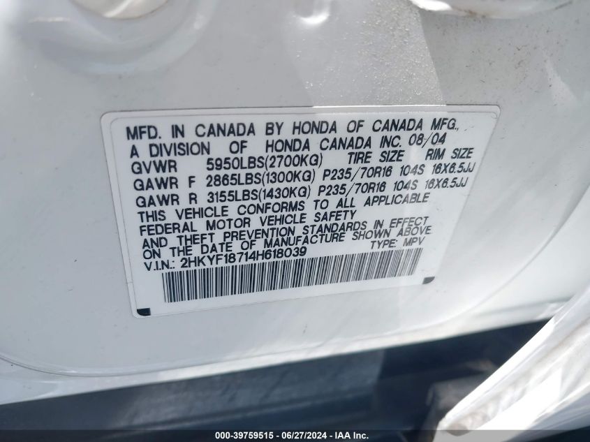 2004 Honda Pilot Ex-L VIN: 2HKYF18714H618039 Lot: 39759515