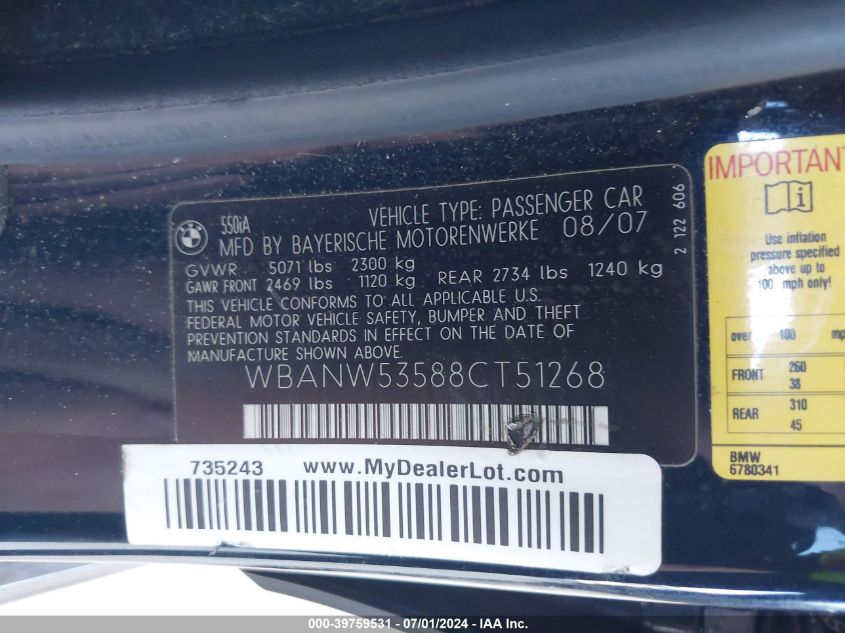 2008 BMW 550I VIN: WBANW53588CT51268 Lot: 39759531