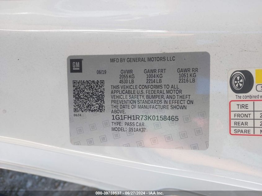 2019 Chevrolet Camaro 2Ss VIN: 1G1FH1R73K0158465 Lot: 39759537
