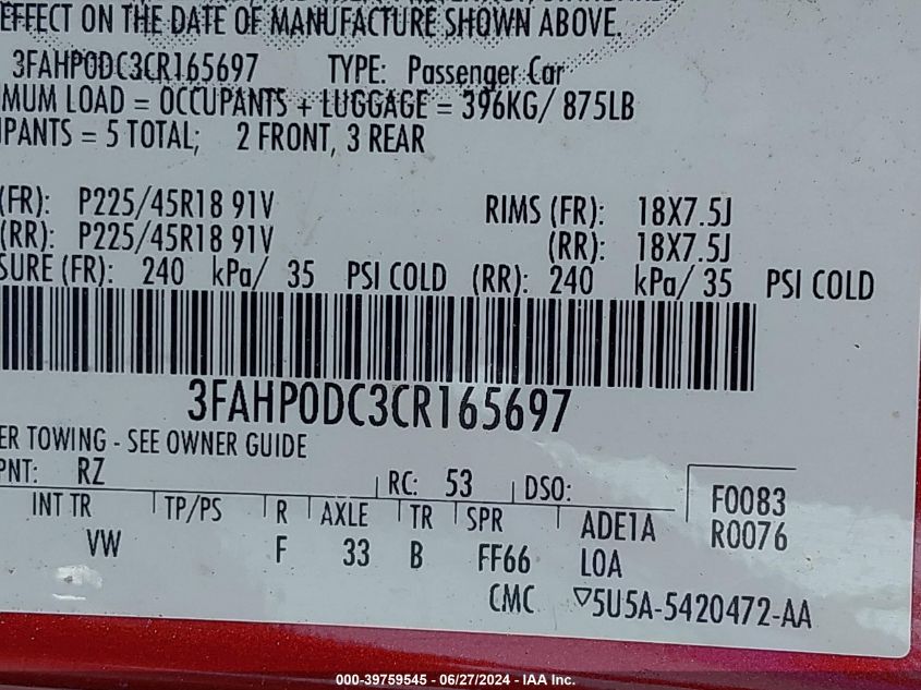 2012 Ford Fusion Sport VIN: 3FAHP0DC3CR165697 Lot: 39759545