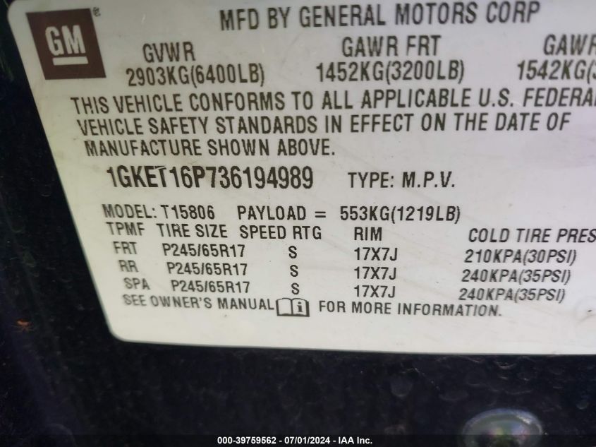 1GKET16P736194989 2003 GMC Envoy Xl Xl