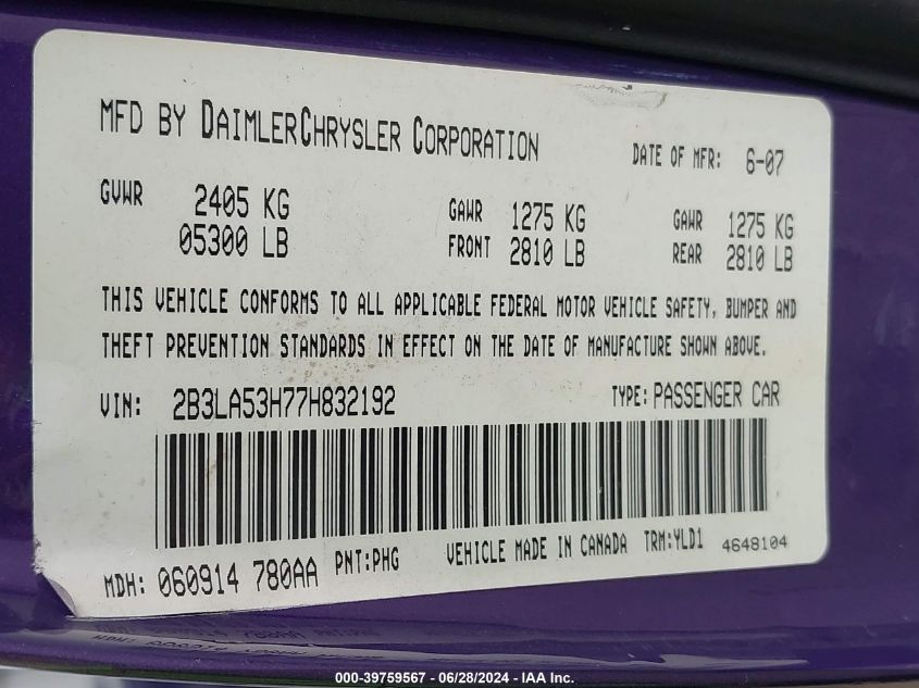 2007 Dodge Charger Rt VIN: 2B3LA53H77H832192 Lot: 39759567