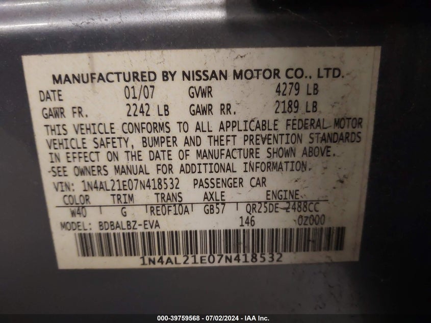 2007 Nissan Altima 2.5 S VIN: 1N4AL21E07N418532 Lot: 39759568