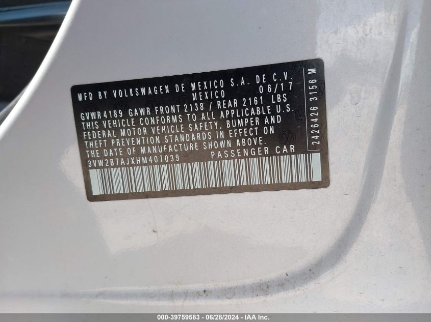 2017 Volkswagen Jetta S VIN: 3VW2B7AJXHM407039 Lot: 39759583
