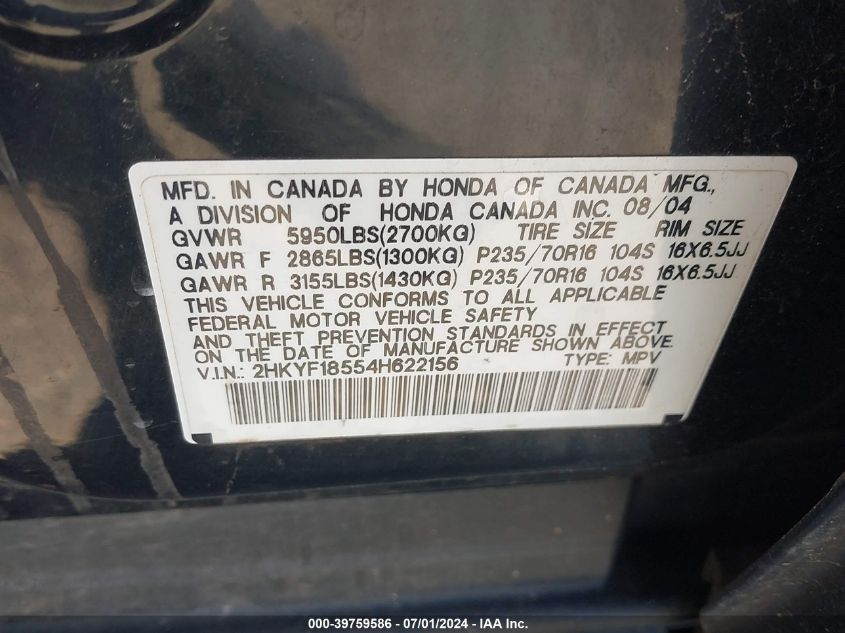 2004 Honda Pilot Ex-L VIN: 2HKYF18554H622156 Lot: 39759586