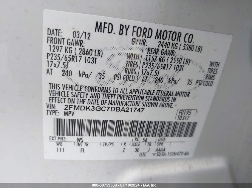 2013 Ford Edge Se VIN: 2FMDK3GC7DBA21747 Lot: 39759588