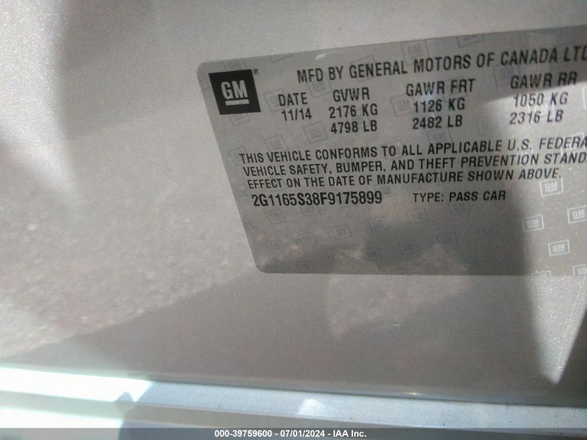 2015 Chevrolet Impala 2Lz VIN: 2G1165S38F9175899 Lot: 39759600
