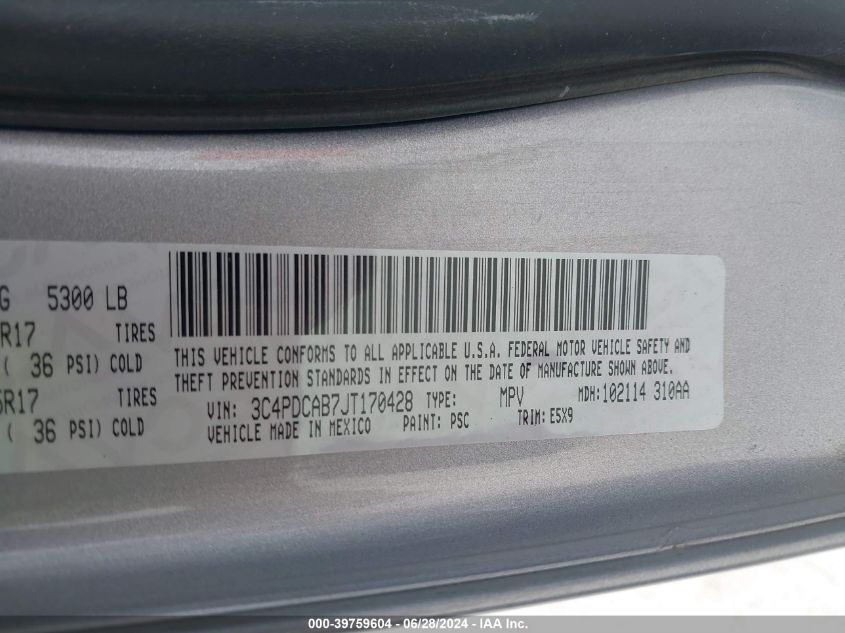 2018 Dodge Journey Se VIN: 3C4PDCAB7JT170428 Lot: 39759604