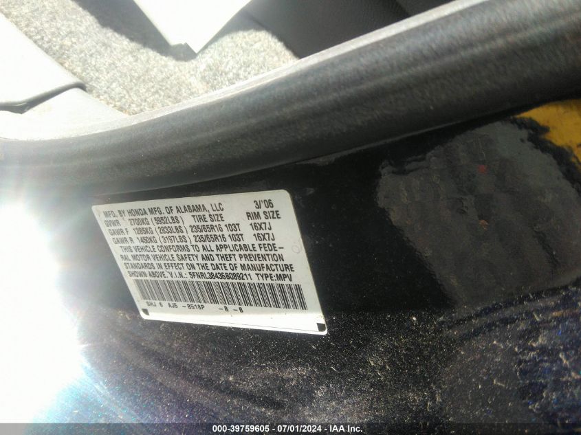 2006 Honda Odyssey Ex VIN: 5FNRL38436B089211 Lot: 39759605