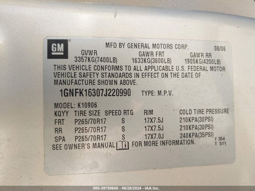 2007 Chevrolet Suburban 1500 K1500 VIN: 1GNFK16307J220990 Lot: 39759608