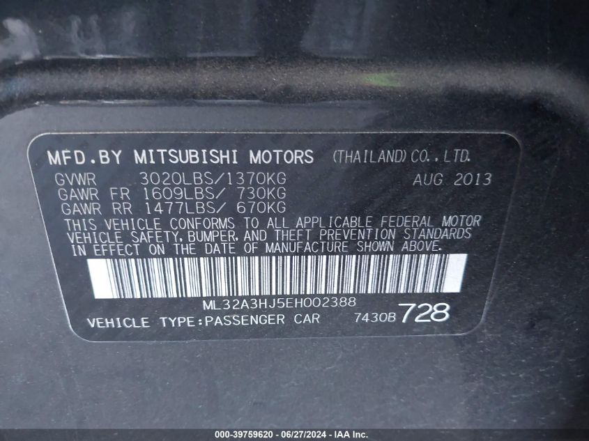 2014 Mitsubishi Mirage De VIN: ML32A3HJ5EH002388 Lot: 39759620