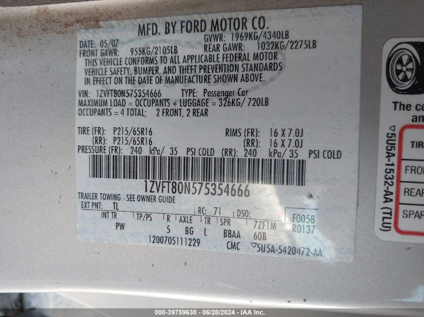 2007 Ford Mustang VIN: 1ZVFT80N575354666 Lot: 39759630