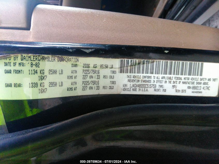 2003 Jeep Grand Cherokee Laredo VIN: 1J4GX48S93C515759 Lot: 39759634
