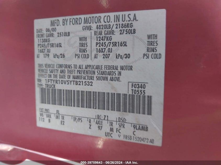 2000 Ford Ranger Xl/Xlt VIN: 1FTYR10V5YTB21532 Lot: 39759643