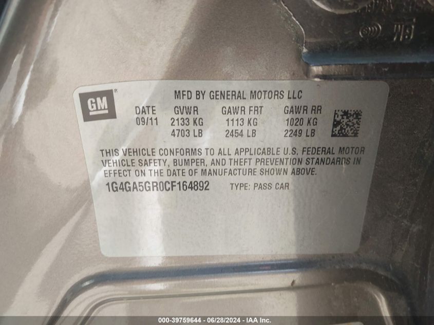 2012 Buick Lacrosse VIN: 1G4GA5GR0CF164892 Lot: 39759644