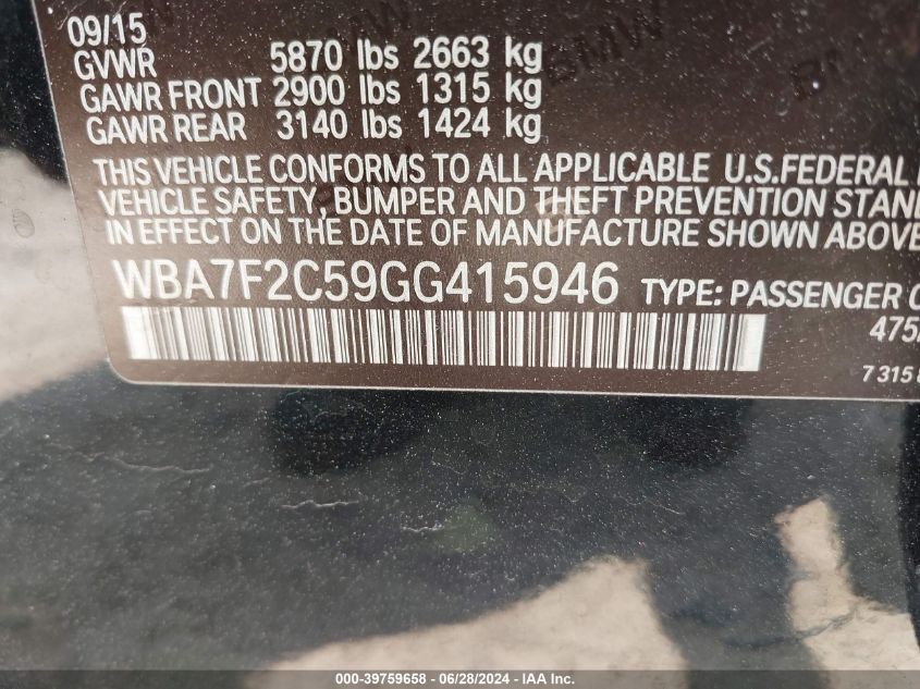 2016 BMW 750 Xi VIN: WBA7F2C59GG415946 Lot: 39759658