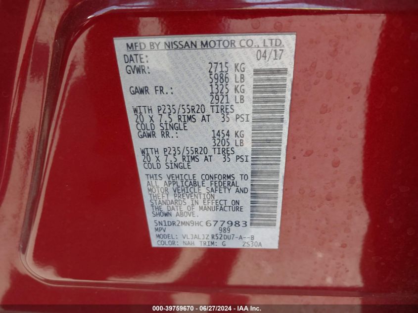 2017 Nissan Pathfinder S/Sv/Sl/Platinum VIN: 5N1DR2MN9HC677983 Lot: 39759670