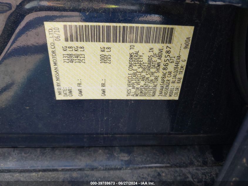 2010 Nissan Maxima 3.5 S VIN: 1N4AA5AP8AC865587 Lot: 39759673