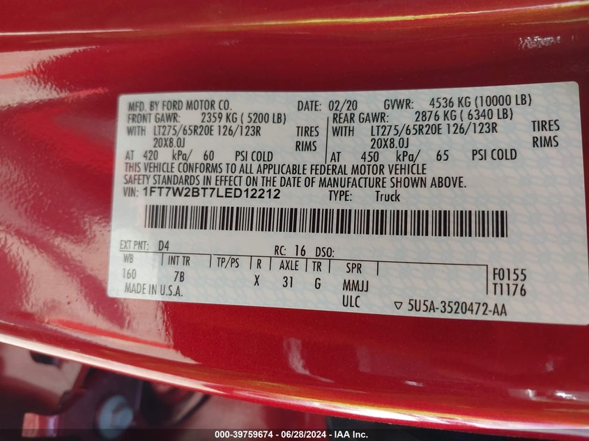 2020 Ford F250 Super Duty VIN: 1FT7W2BT7LED12212 Lot: 39759674