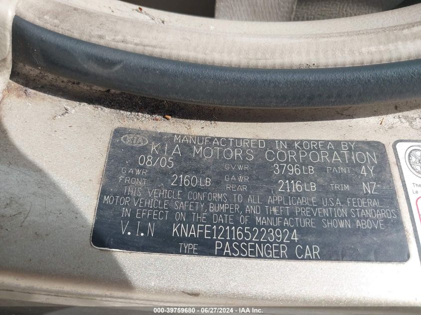 2006 Kia Spectra Ex/Lx/Sx VIN: KNAFE121165223924 Lot: 39759680