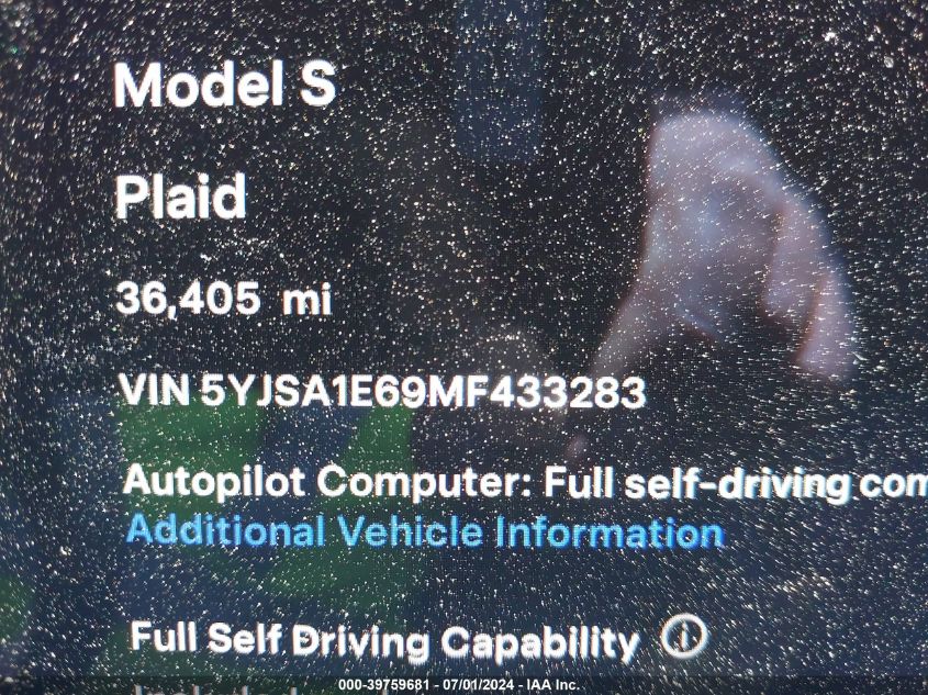 2021 Tesla Model S Plaid Tri Motor All-Wheel Drive VIN: 5YJSA1E69MF433283 Lot: 39759681