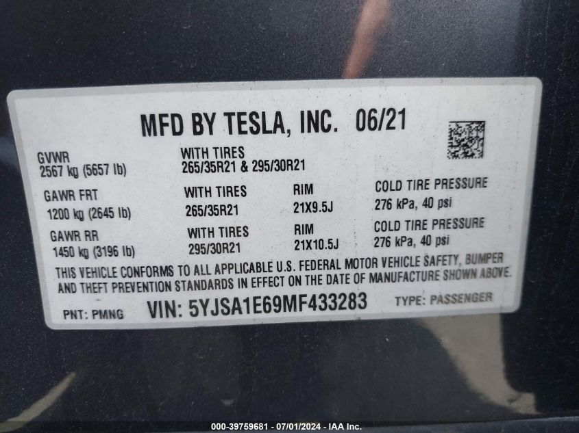 2021 Tesla Model S Plaid Tri Motor All-Wheel Drive VIN: 5YJSA1E69MF433283 Lot: 39759681