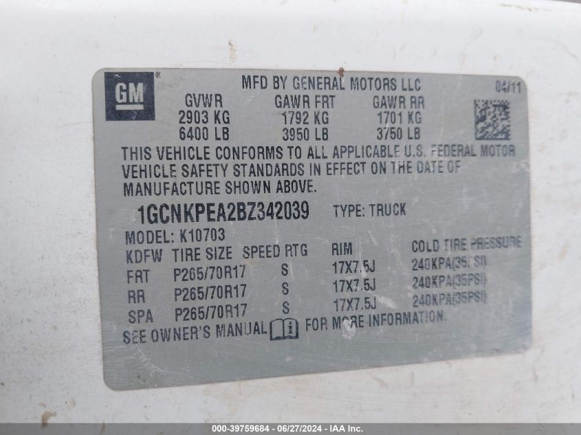 1GCNKPEA2BZ342039 | 2011 CHEVROLET SILVERADO 1500