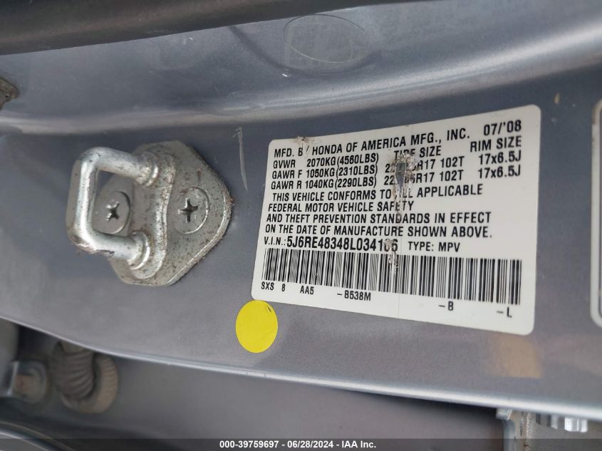 2008 Honda Cr-V Lx VIN: 5J6RE48348L034106 Lot: 39759697