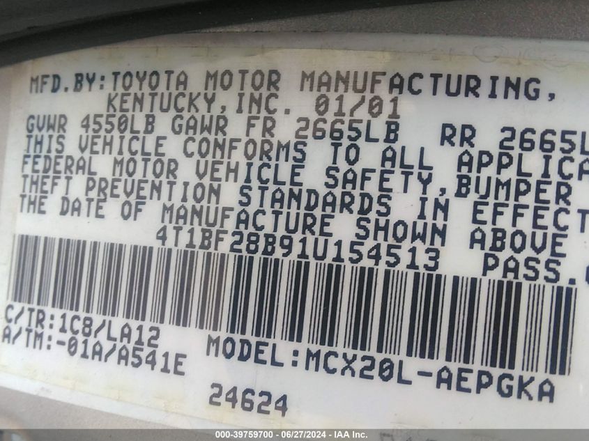 2001 Toyota Avalon Xls VIN: 4T1BF28B91U154513 Lot: 39759700