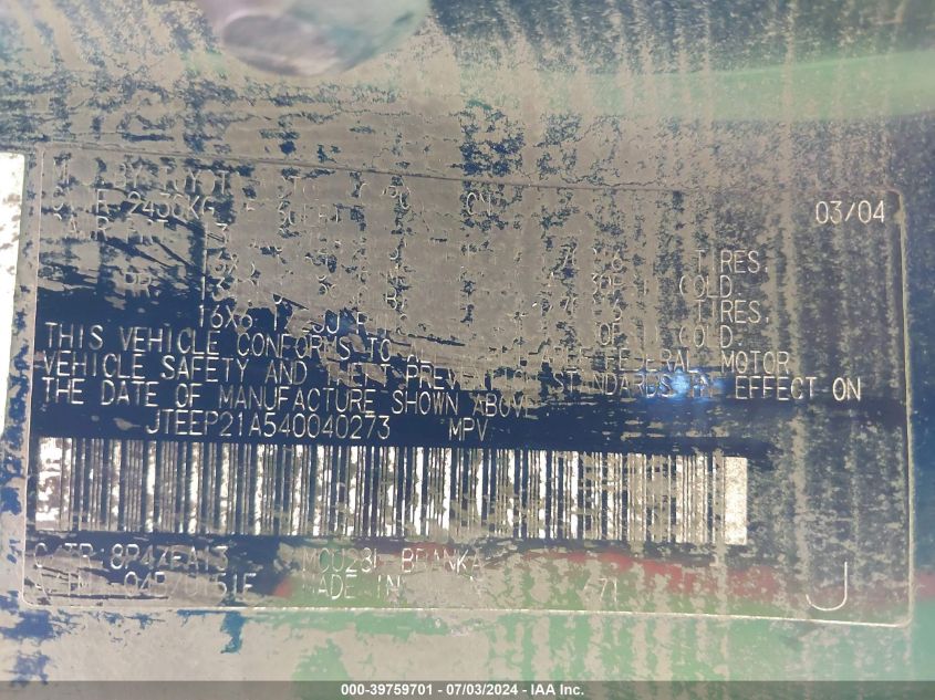 2004 Toyota Highlander V6 VIN: JTEEP21A540040273 Lot: 39759701