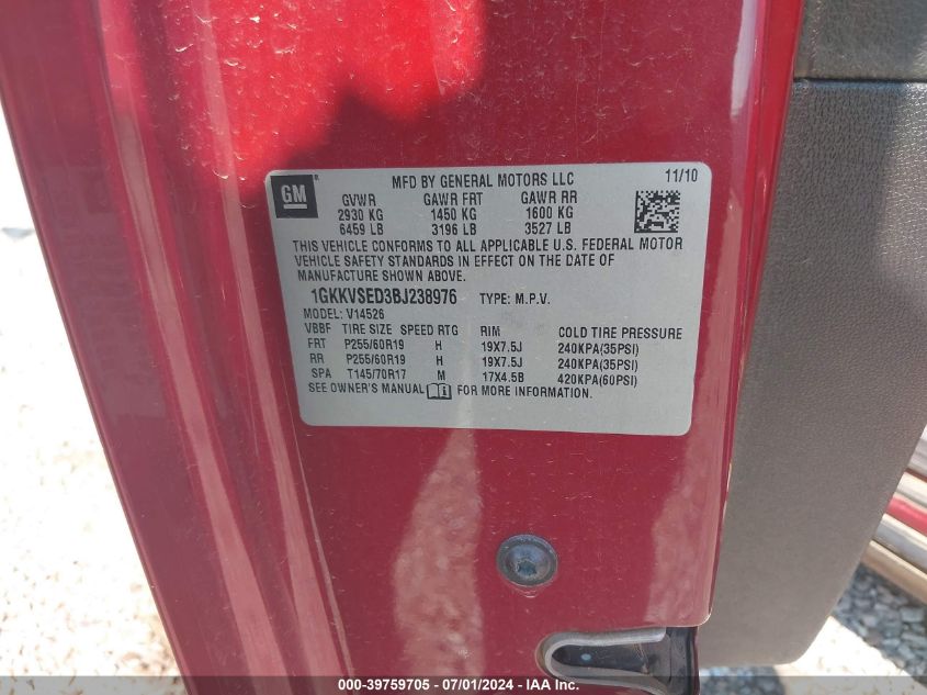 2011 GMC Acadia Slt-2 VIN: 1GKKVSED3BJ238976 Lot: 39759705