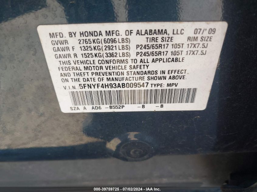 2010 Honda Pilot Touring VIN: 5FNYF4H93AB009547 Lot: 39759725