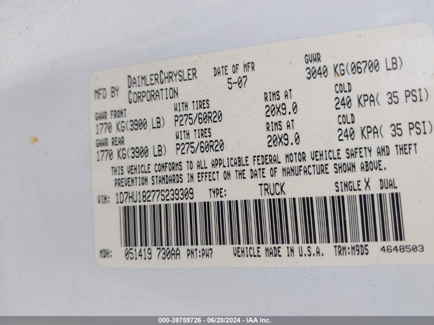2007 Dodge Ram 1500 Slt/Trx4 Off Road/Sport VIN: 1D7HU18277S239309 Lot: 39759726