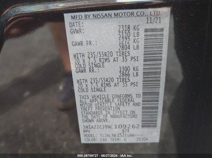 2022 Nissan Murano Sl Fwd VIN: 5N1AZ2CJ9NC109262 Lot: 39759727