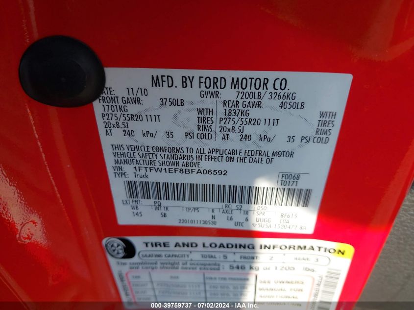 2011 Ford F-150 Fx4 VIN: 1FTFW1EF8BFA06592 Lot: 39759737