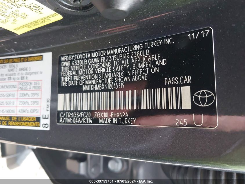 2018 Toyota C-Hr Xle/Xle Premium VIN: NMTKHMBX3JR045319 Lot: 39759751