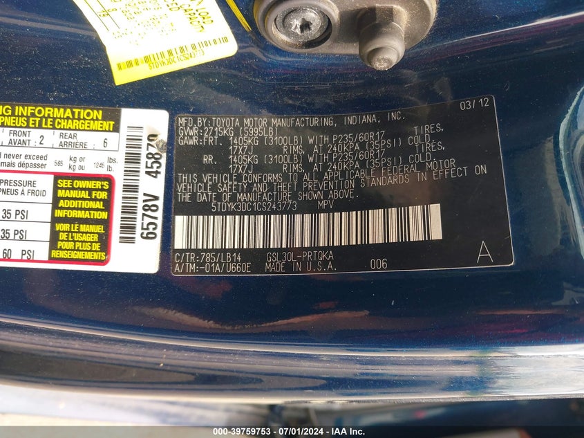 2012 Toyota Sienna Xle V6 8 Passenger VIN: 5TDYK3DC1CS243773 Lot: 39759753