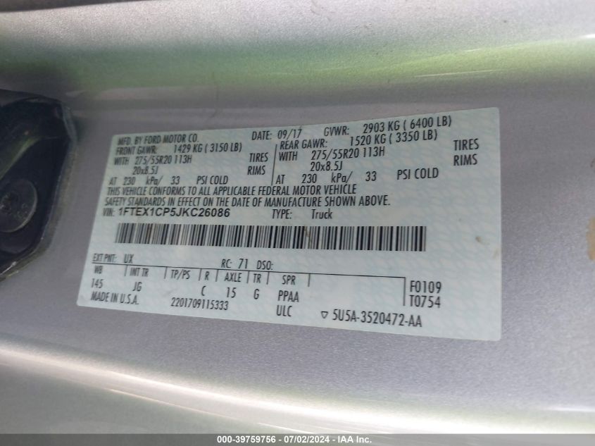 2018 Ford F-150 Xl VIN: 1FTEX1CP5JKC26086 Lot: 39759756