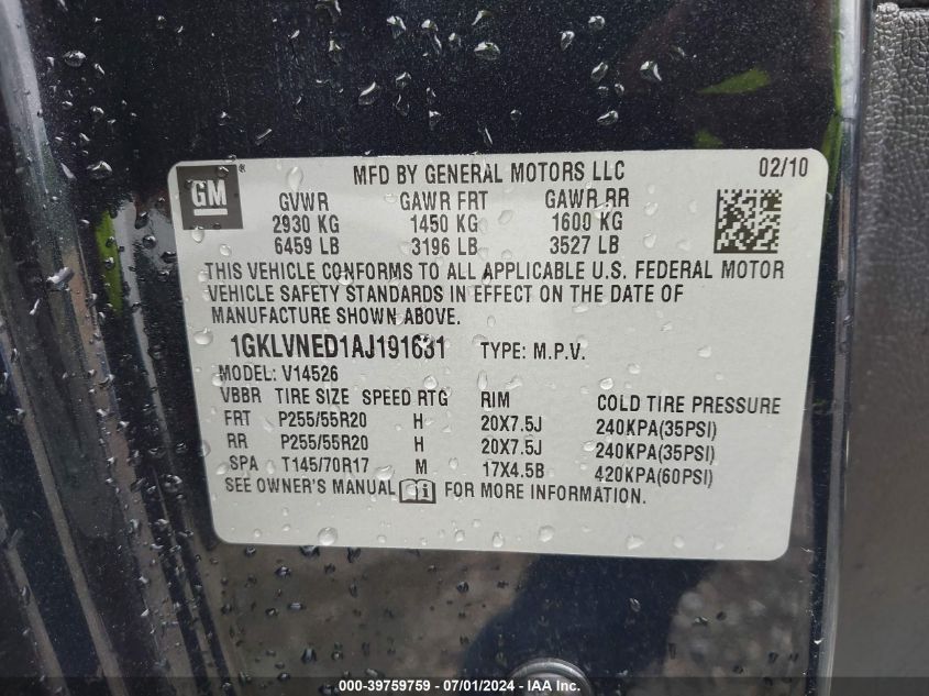 2010 GMC Acadia Slt-2 VIN: 1GKLVNED1AJ191631 Lot: 39759759