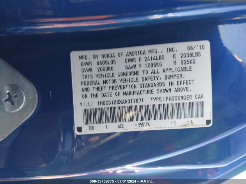 2010 Honda Accord 2.4 Ex-L VIN: 1HGCS1B8XAA017871 Lot: 39759775