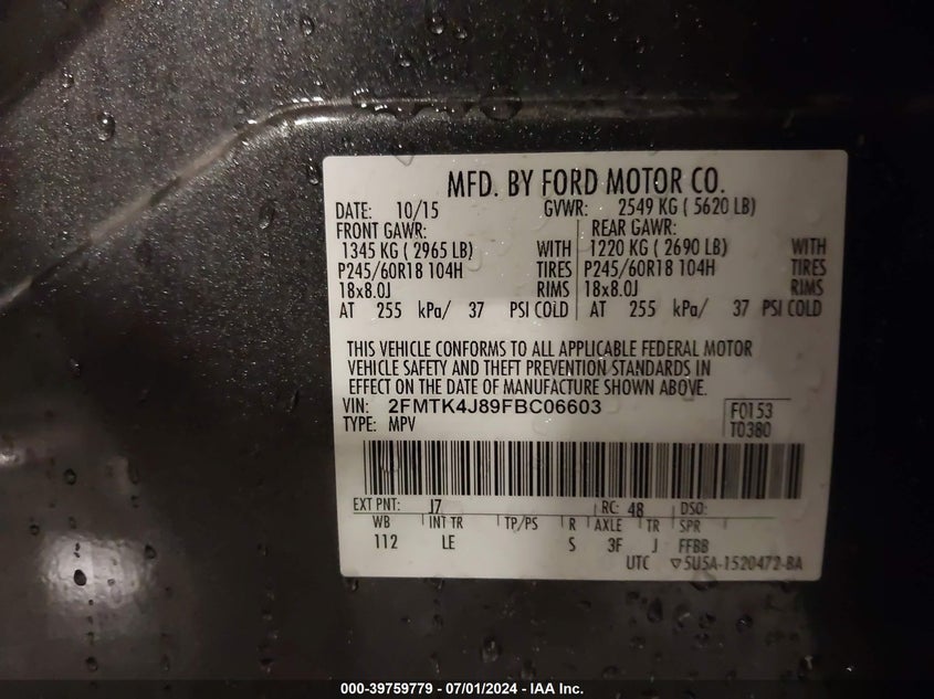 2015 Ford Edge Sel VIN: 2FMTK4J89FBC06603 Lot: 39759779