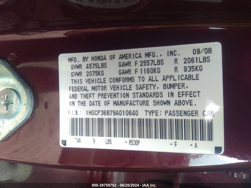 2009 Honda Accord 3.5 Ex-L VIN: 1HGCP36879A010640 Lot: 39759782